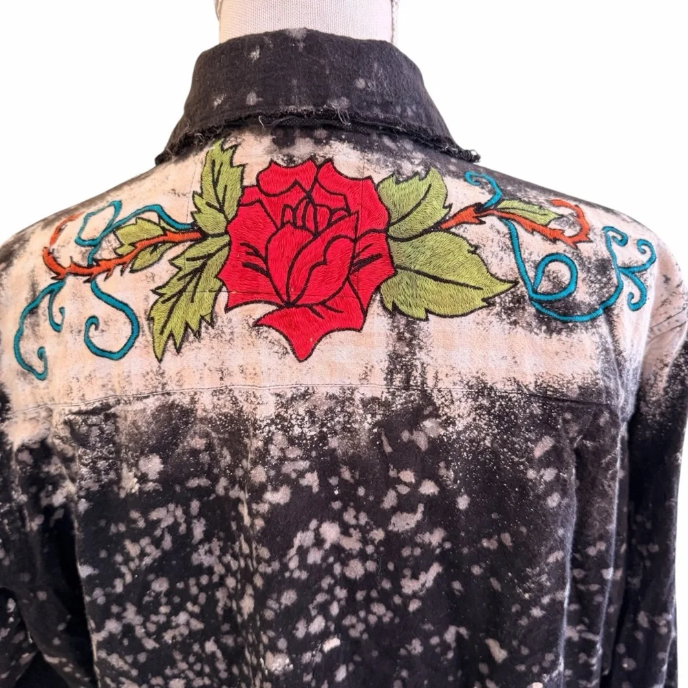 A Rare Bird "Smell the Roses" Distressed Black Flannel Shirt Rose Embroidery - Picture 8 of 12
